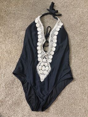 Massimo Black One-Piece Swimsuit with Ivory Crochet Plunge